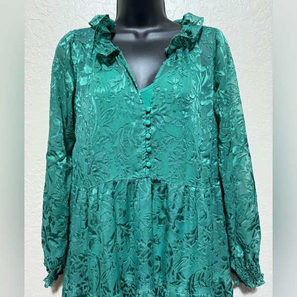 Anthropologie Marais Satin Maxi Dress Burnout Tiered Dark Green Size Small - Picture 5 of 9